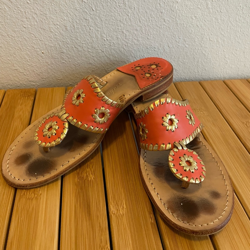 Jack Rogers Classic Navajo Leather Sandals Size 7, Gold & Pinky Orange